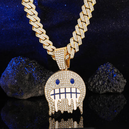 Men White Blue Cubic Zirconia Paved Hip Hop Round Face Pendants Necklaces with Cuban Chain Iced Out Bling CZ Fashion Boy Jewelry PlatiNum