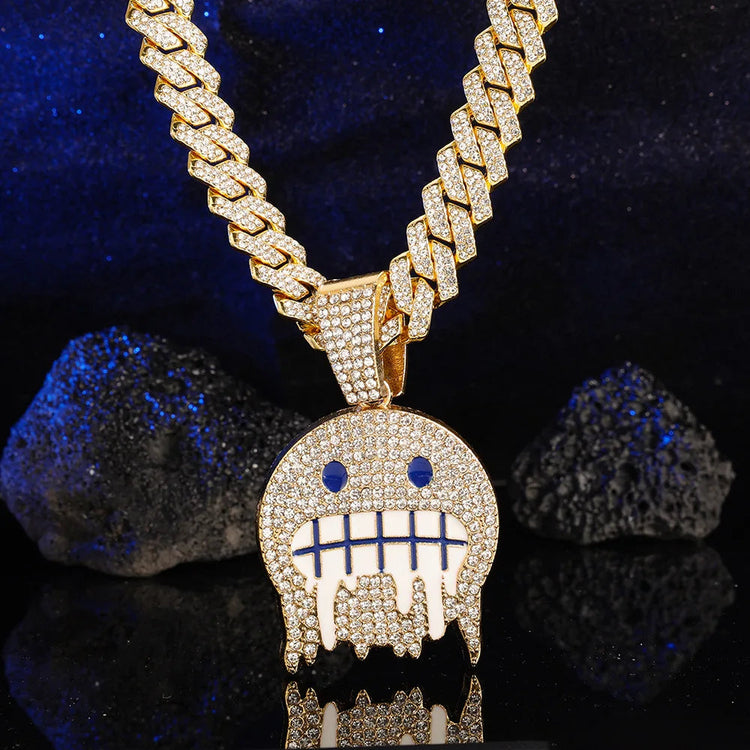 Men White Blue Cubic Zirconia Paved Hip Hop Round Face Pendants Necklaces with Cuban Chain Iced Out Bling CZ Fashion Boy Jewelry PlatiNum