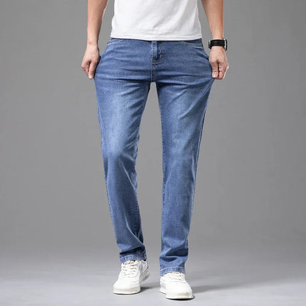 Summer Thin Men's Elastic Cotton Jeans Fashion Gray Comfortable Business Straight Casual Pants Brand Male Clothes Trousers PlatiNum