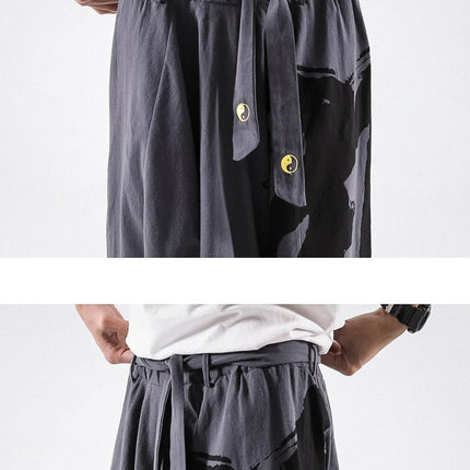 Pantaloni alla moda da uomo Samurai giapponese Ukiyo-e Cintura con stampa Pantaloni stile harem da uomo in cotone e lino Casual Oversize Harajuku Pantaloni a gamba larga da uomo
