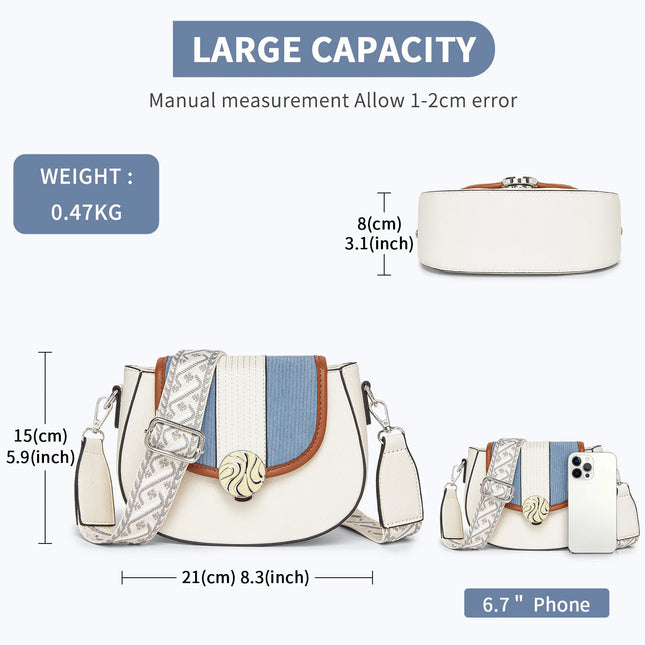 Miss Lulu Ethno-shoulder bag PU leather with Corduroy Detail & Adjustable Strap, Blue-Beige PlatiNum