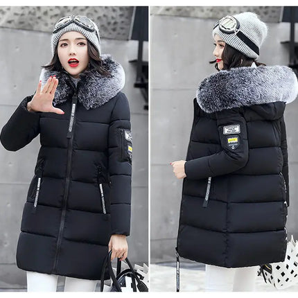 Women Winter Fur Collar Hooded Parka Coats Fashion Letter Patch Zipper Long Jacket Elegant Slim Warm Thick Female Snow Outerwear
