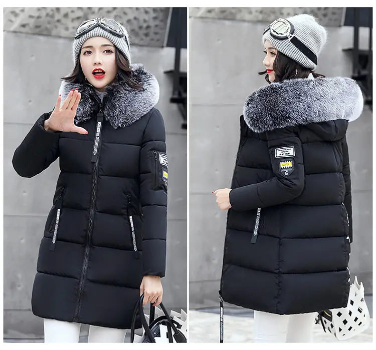 Women Winter Fur Collar Hooded Parka Coats Fashion Letter Patch Zipper Long Jacket Elegant Slim Warm Thick Female Snow Outerwear