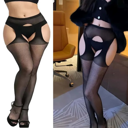 NEWJOINFUN Plus Open Crotch Pantyhose Large Fishnet Stockings Black Thigh High Stockings Garter Tights for Women Oversized XXXXL
