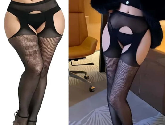 NEWJOINFUN Plus Open Crotch Pantyhose Large Fishnet Stockings Black Thigh High Stockings Garter Tights for Women Oversized XXXXL