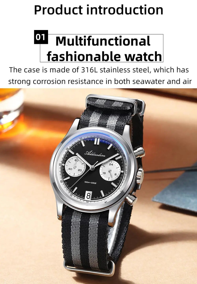 ADDIESDIVE NEW Men's Watches VK64 Movement Quartz Wristwatch Waterproof 100m Chronograph AR Coating 38mm Luxury Watch Man AD2095
