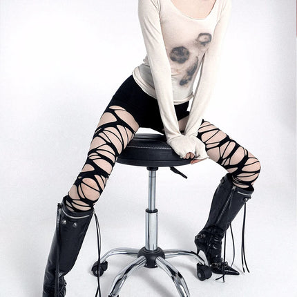 Calza traforata sexy da donna Halloween gotico nero punk cinturino strappato Y2k collant sfilacciato calze intimo festa collant