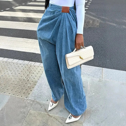 Jeans da Donna a Gamba Larga Lavati a Vita Alta con Pieghe e Effetto Distressed, Denim Vintage Primavera 2026, Pantaloni Femminili Streetwear a Tutta Lunghezza