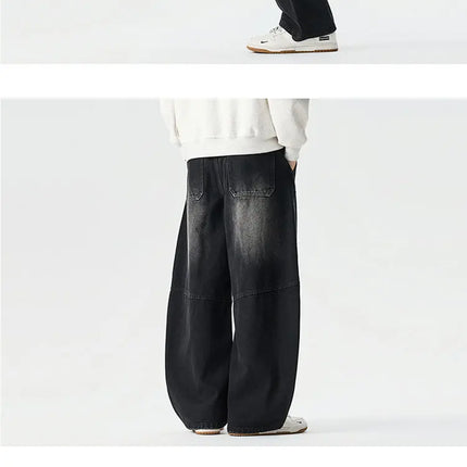 Jeans da Uomo Primavera 2026, Pantaloni in Denim Vintage con Vita Elastica, Jeans Neri da Uomo, Stile Harajuku Hip Hop, Pantaloni Larghi in Cotone Oversize