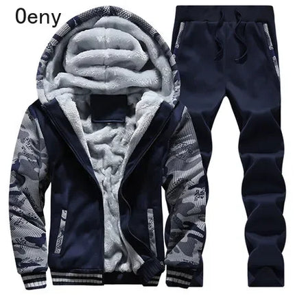 New Winter Fleece Thicken Men's Two-piece Zipper Sports Set Hooded Thermal Suit Casual Oversized Tracksuit 4XL 5XL Funny Suit