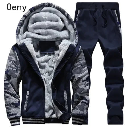 New Winter Fleece Thicken Men's Two-piece Zipper Sports Set Hooded Thermal Suit Casual Oversized Tracksuit 4XL 5XL Funny Suit