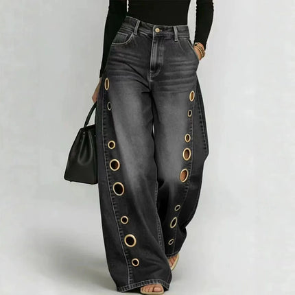 Jeans da Donna a Gamba Larga, Vita Media, con Dettagli Traforati, Effetto Vintage, Stile High Street, Eleganti, da Lavoro, Casual, Pantaloni Dritti