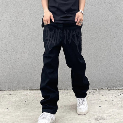 Men Y2K Embroidered High-waisted Straight Baggy Printed Jeans Hip Hop Teenager Boy Streetwear Skateboard Casual denim Trousers PlatiNum