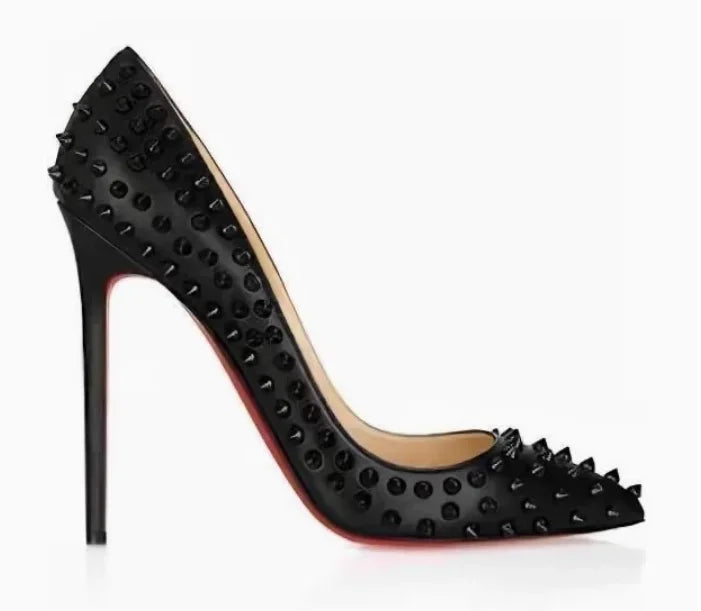 2025 new rivet high heels for women, 12CM pointed shallow mouth single shoes, socialite banquet shoes