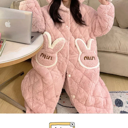 Women Winter Thickened Fleece Bathrobe Can Be Worn Outside Girls Student Hoodie Loose Pajama Two-piece Set Lady Warm Loungewear