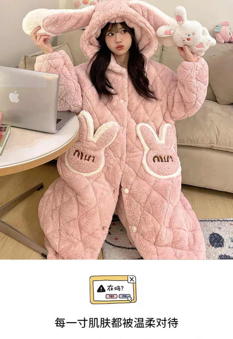 Women Winter Thickened Fleece Bathrobe Can Be Worn Outside Girls Student Hoodie Loose Pajama Two-piece Set Lady Warm Loungewear