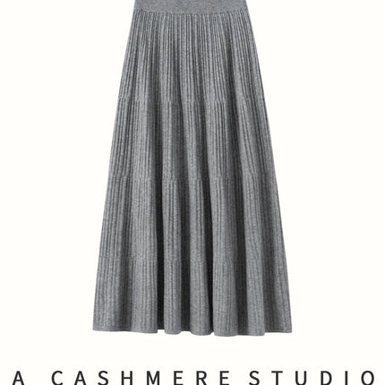 Autumn Winter Women Tiered Skirt Cashmere A-line Pleated Skirt Elastic Waist 100% Cashmere Knitted High Quality Soft Solid Dress PlatiNum