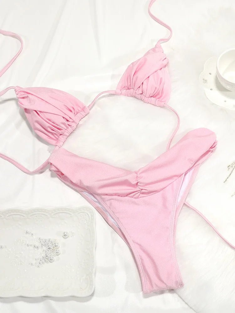 Set Bikini Sexy con Pieghe, Micro Bikini Tinta Unita, Costume da Bagno Femminile a Triangolo, Abbigliamento da Spiaggia platinumshop