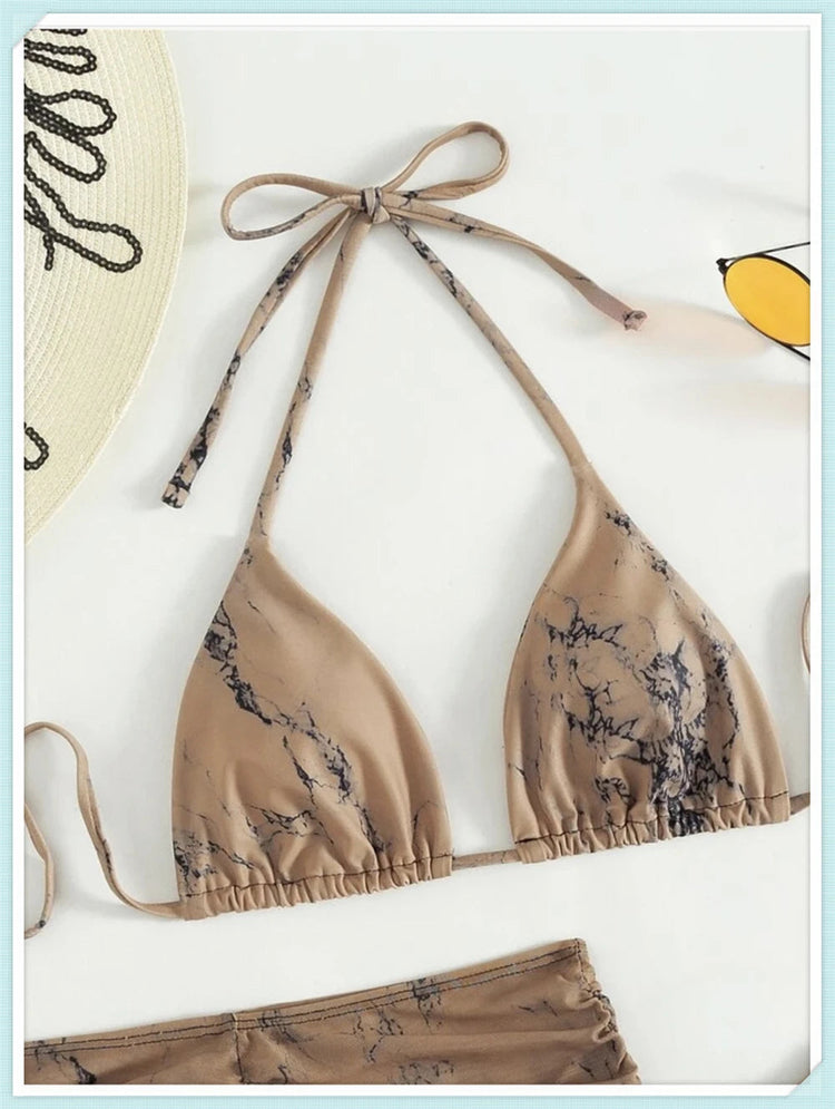 3 pezzi perizoma Bikini con gonna marmo texture costume da bagno donna costume da bagno Set costumi da bagno femminili abbigliamento da spiaggia nuoto estate platinumshop