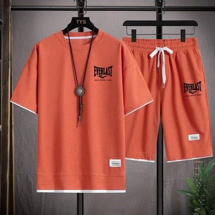 Men's Summer Outfit High Quality Round Neck Men's T-shirt 2-Piece Shorts Set Quick Dry Running Leisure.