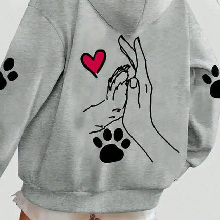 Ladies' Casual and Elegant Polyester Hoodie with Dog and Heart-Shaped Paw Prints, Hoodie, Animal Pattern