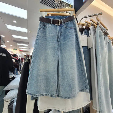 Jeans Larghi da Donna Vintage Estivi a Vita Alta in Denim Solido, Pantaloni Casual Streetwear a Gamba Larga, Jeans a Tre Quarti