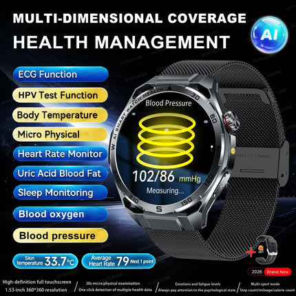 Nuovo Smartwatch 2026 con Analisi AI del Grasso Corporeo, ECG+PPG, Acido Urico, Pressione Sanguigna, Ossigeno nel Sangue, Chiamate, Schermo AMOLED per Uomini e Donne platinumshop