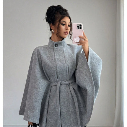 Women's Belted Wool Cape Coat High Neck Stand Collar Batwing Sleeve Loose Fit Winter Warm Poncho Outerwear 2026
