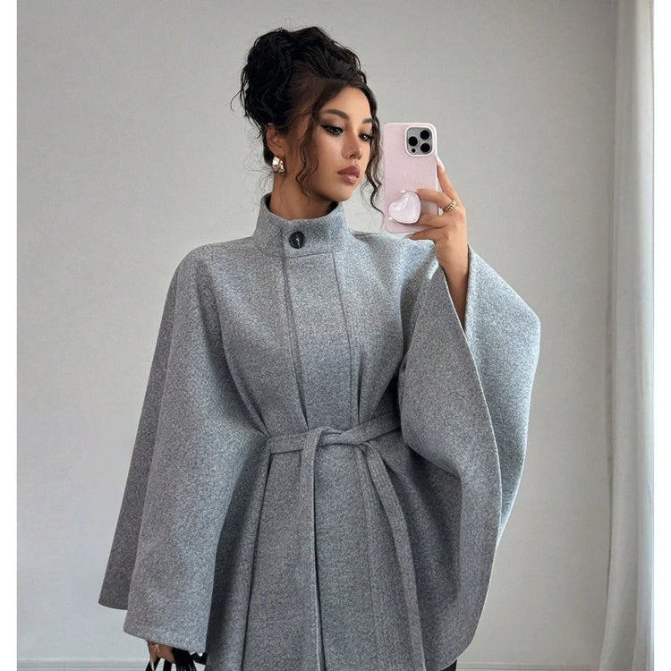 Women's Belted Wool Cape Coat High Neck Stand Collar Batwing Sleeve Loose Fit Winter Warm Poncho Outerwear 2026