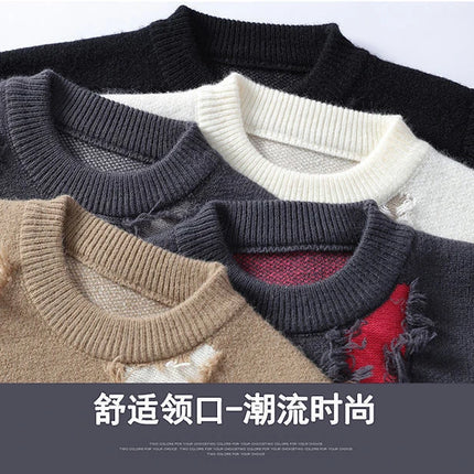 Ripped Sweater Men's Loose Crew Neck Knit Bottom Shirt Handsome Autumn Clothes on The Fashion  Sweater Pullover Sweater