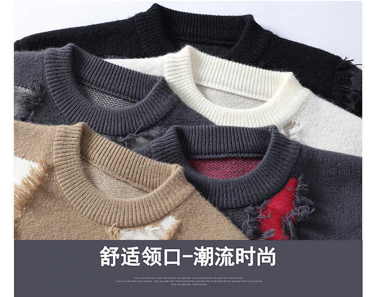 Ripped Sweater Men's Loose Crew Neck Knit Bottom Shirt Handsome Autumn Clothes on The Fashion  Sweater Pullover Sweater