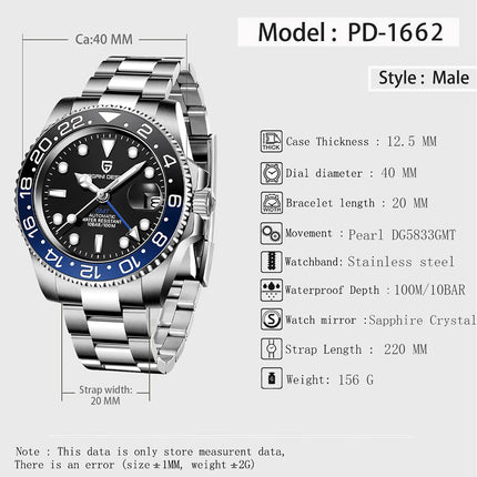 PAGANI DESIGN Pepsi GMT Orologio automatico da uomo 100M impermeabile quadrante nero luminoso cinturino Jubilee in acciaio inossidabile orologi da polso meccanici sportivi di lusso per uomo PD-1662 Relojes Hombres+Confezione