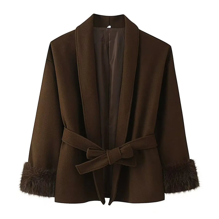 Elegant Women's Lace Up Woolen Coats Solid Full Sleeve Turn-down Collar Loose Lady Coats 2026 Autumn Winter Female Streetwear