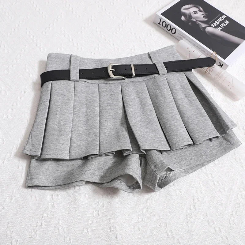 Womens Shorts Autumn Winter Belt High Waist Fluffy Pleated A-line Short Pants Korean Fashion Sexy Y2k All Match Clothes