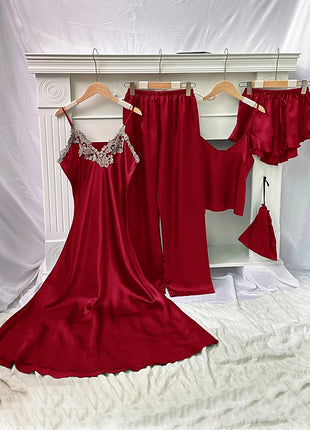 Set da notte in raso da 5 pezzi abito sottoveste in pizzo Cami Top pantaloncini con volant pantaloni da salotto pigiameria da notte da donna