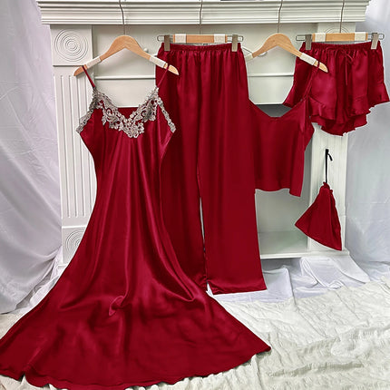 Set da notte in raso da 5 pezzi abito sottoveste in pizzo Cami Top pantaloncini con volant pantaloni da salotto pigiameria da notte da donna