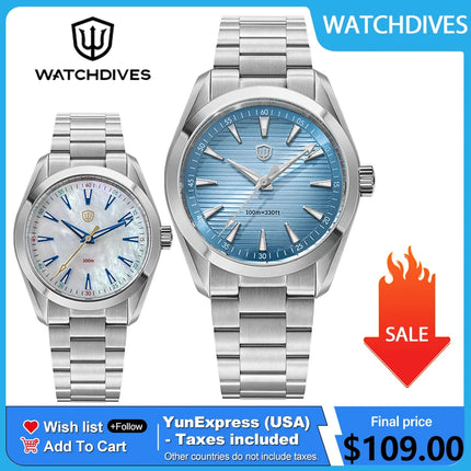 Watchdives WD0006 V2 Watch VH31 Sweep Second Quartz Movement Sapphire Luminous Stainless Steel Watches Waterproof 38mm Watch