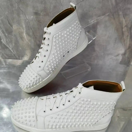 Black Studded Leather Rivets High-Top Sneakers Classic Designer Style Round Toe Men's Sports Shoes Comfort Lace-Up Casual Shoes