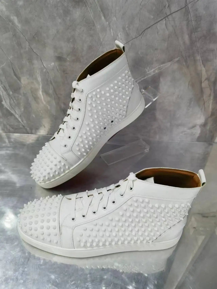 Black Studded Leather Rivets High-Top Sneakers Classic Designer Style Round Toe Men's Sports Shoes Comfort Lace-Up Casual Shoes