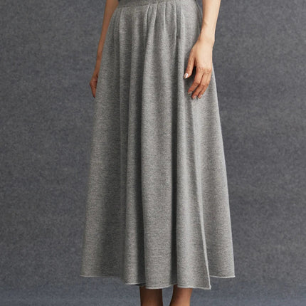 New Women's 100% Pure Cashmere Knitted Full Skirt Autumn Winter High Waisted Mid-calf Ankle-Length Soild Dress Versatile Elegant PlatiNum