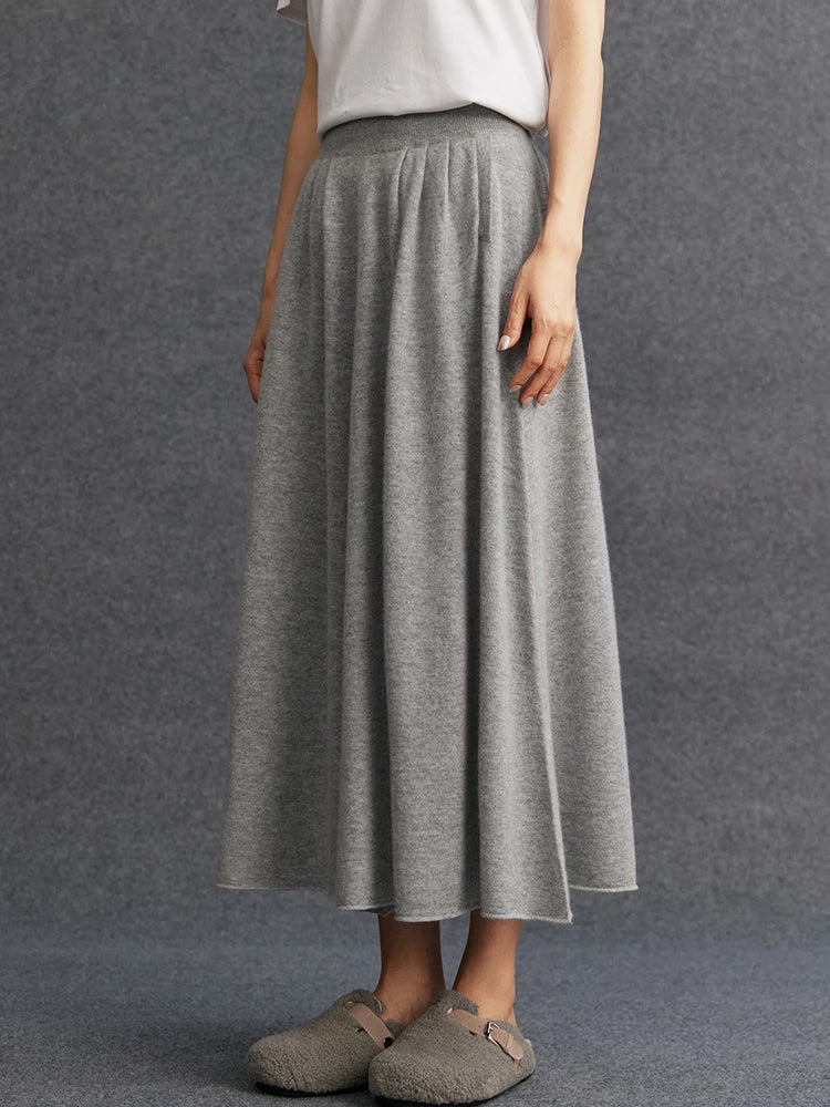 New Women's 100% Pure Cashmere Knitted Full Skirt Autumn Winter High Waisted Mid-calf Ankle-Length Soild Dress Versatile Elegant PlatiNum