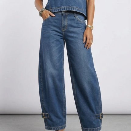 Jeans a Vita Alta e Gamba Larga da Donna, Estate 2026, Stile Retrò Streetwear, Pantaloni in Denim con Fibbie, Casual per il Quotidiano