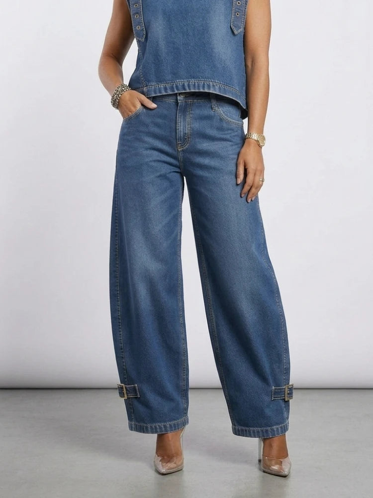 Jeans a Vita Alta e Gamba Larga da Donna, Estate 2026, Stile Retrò Streetwear, Pantaloni in Denim con Fibbie, Casual per il Quotidiano