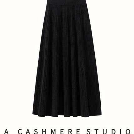 Autumn Winter Women Tiered Skirt Cashmere A-line Pleated Skirt Elastic Waist 100% Cashmere Knitted High Quality Soft Solid Dress PlatiNum