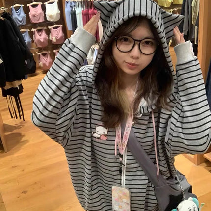 Cartoon Embroidery Women Hoodies Japanese Sweet Cute Cat Ears Striped Hooded Sweatshirts Harajuku Streetwear Loose Casual Coats