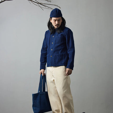 Vintage French Indigo Cargo Jacket Men Autumn Winter New Lapel Multi-pocket Blue Dyed Tooling Jacket Retro Casual Cardigan Coat