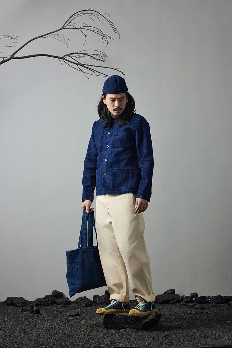Vintage French Indigo Cargo Jacket Men Autumn Winter New Lapel Multi-pocket Blue Dyed Tooling Jacket Retro Casual Cardigan Coat