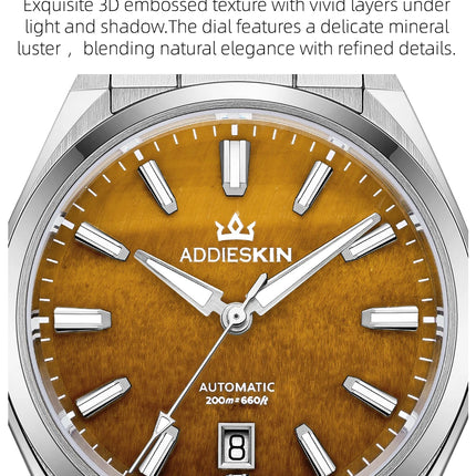 AddiesKin K010 Automatic Watch for Men Natural Tiger Eye Dial Miyota 9015 Movement Sapphire Crystal 200 Waterproof Luminous Gift