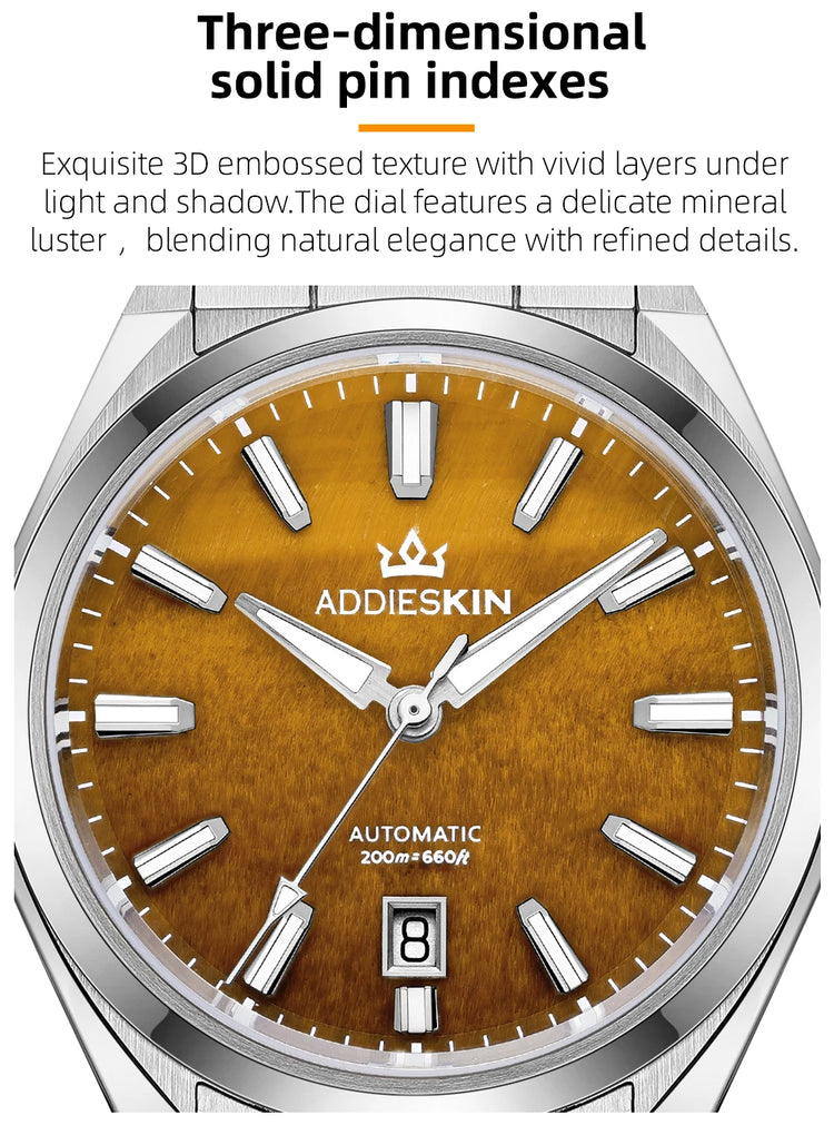 AddiesKin K010 Automatic Watch for Men Natural Tiger Eye Dial Miyota 9015 Movement Sapphire Crystal 200 Waterproof Luminous Gift