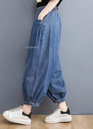 Jeans Vintage tinta unita da donna moda estiva pantaloni larghi in Denim elasticizzato in vita femminile pantaloni Harem alla caviglia stile giapponese